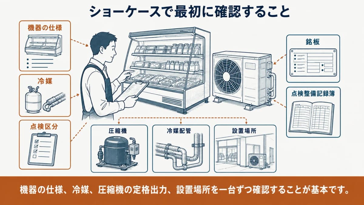店舗の冷凍冷蔵ショーケースと室外機を点検対象として確認する図
