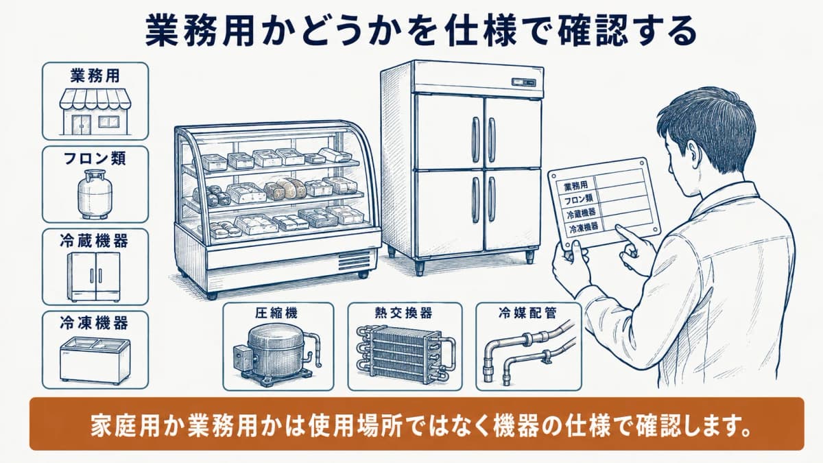 店舗の冷凍冷蔵ショーケースの銘板と仕様を確認する図