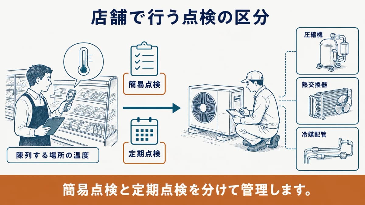 冷凍冷蔵ショーケースの温度確認と室外機の点検区分を示す図