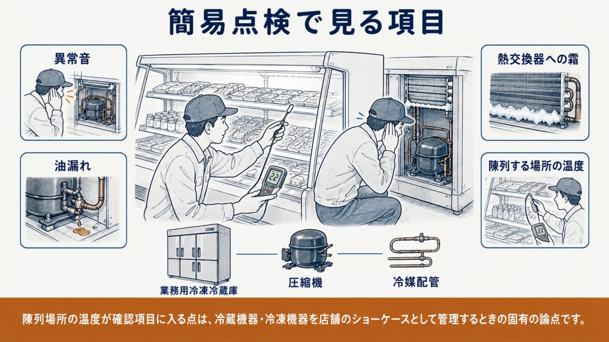 冷凍冷蔵ショーケースの陳列場所の温度と熱交換器を確認する図
