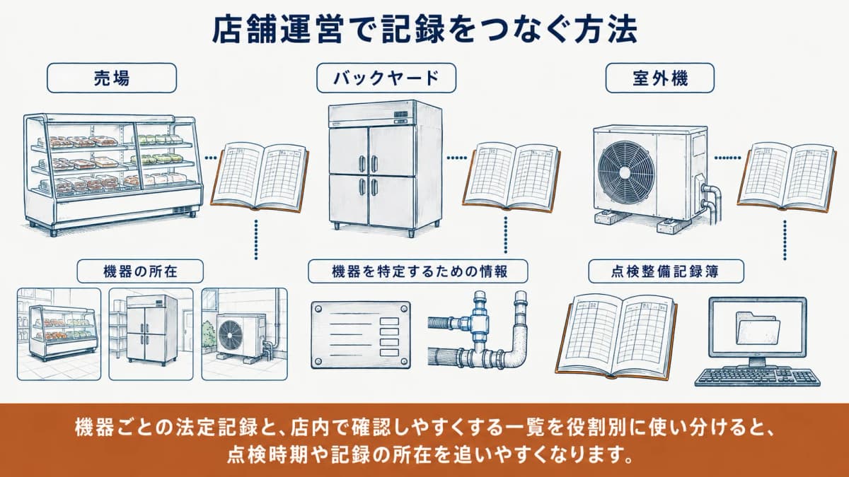 複数の冷凍冷蔵ショーケースと点検整備記録簿を設置場所ごとに対応させる図