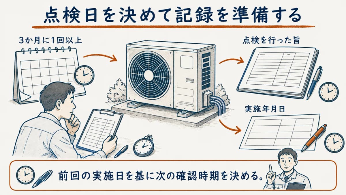 3か月ごとの簡易点検日と紙の点検整備記録簿を準備する図