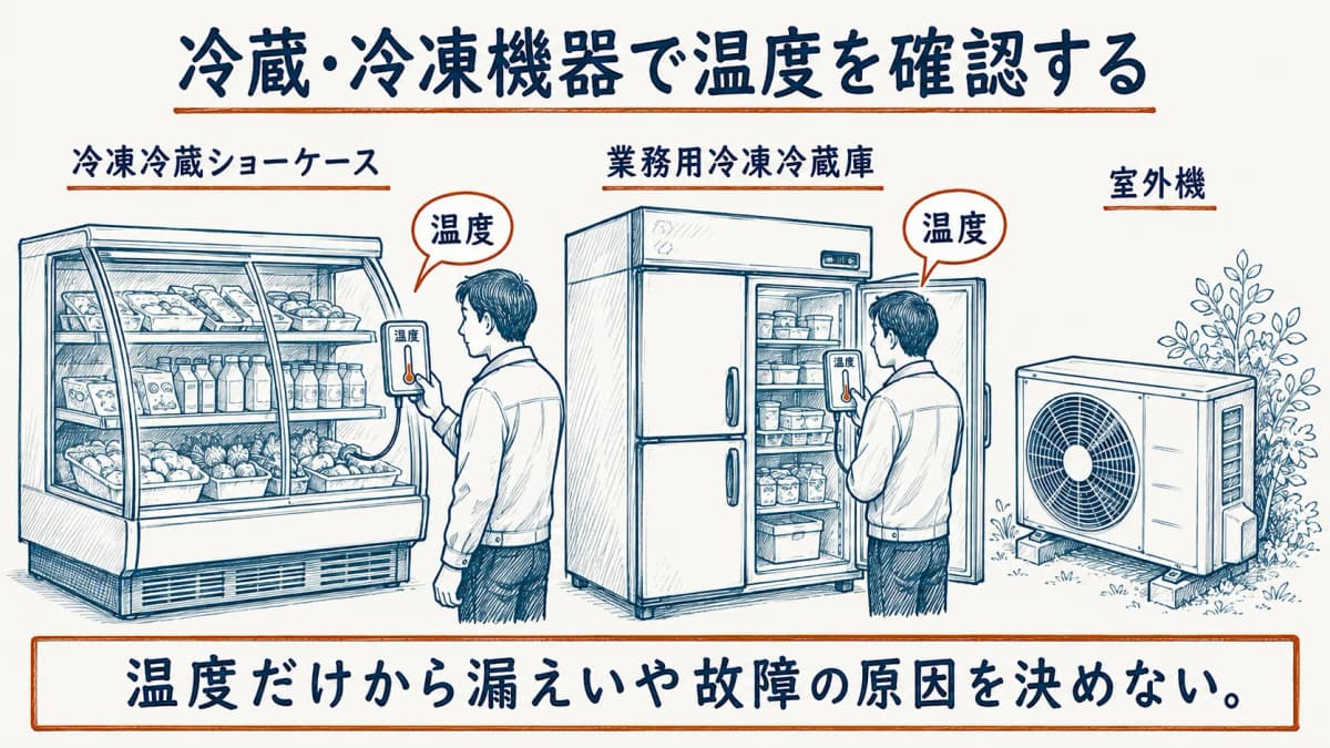 冷凍冷蔵ショーケースの表示温度と室外機を確認する図
