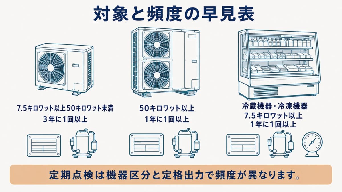 業務用エアコンと冷凍冷蔵ショーケースで定期点検の頻度区分が分かれることを示す図