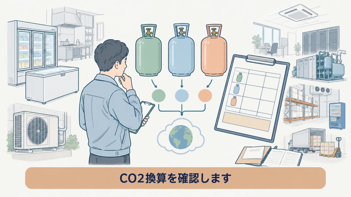 冷媒種類ごとのCO2換算と集計主体を示す図
