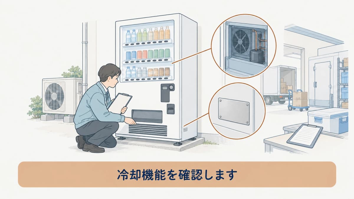 冷却機能を持つ自動販売機と銘板を確認する手描き図