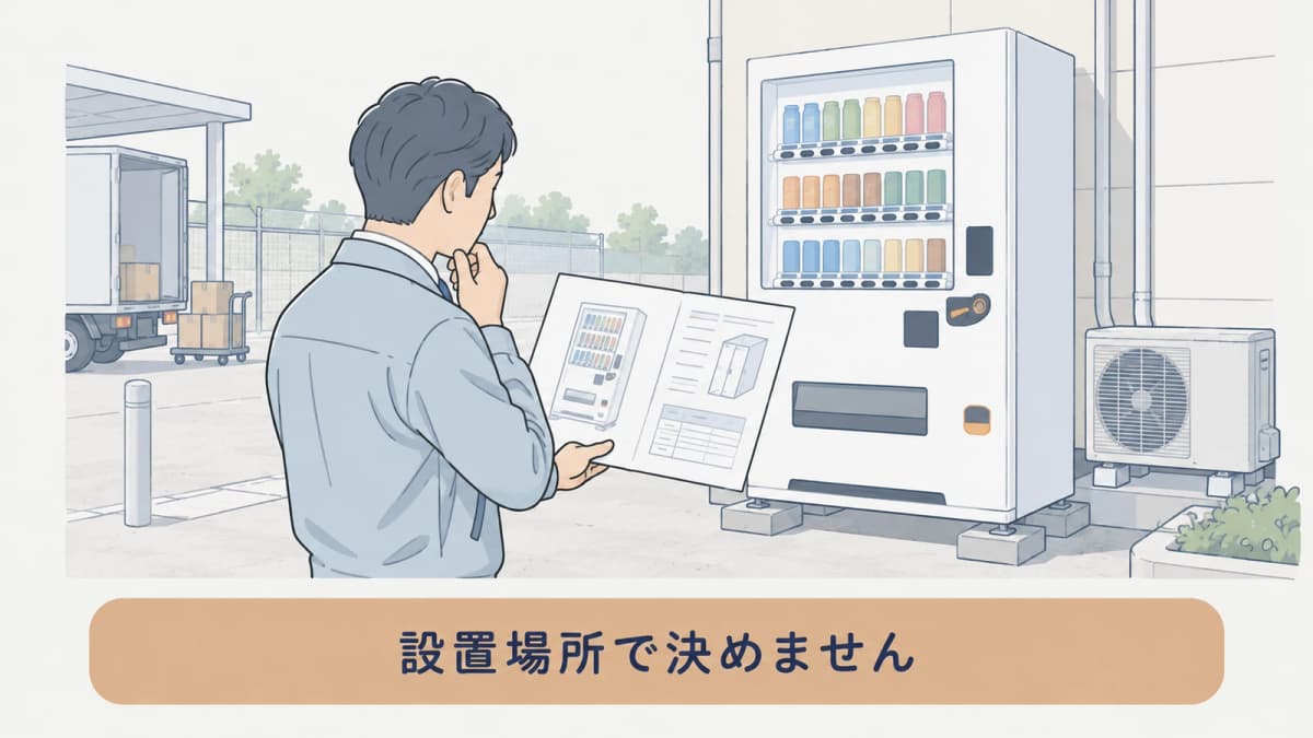 屋外の自動販売機と仕様確認の書類を示す図