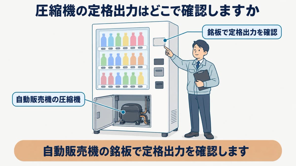 自動販売機の圧縮機定格出力を銘板で確認する図